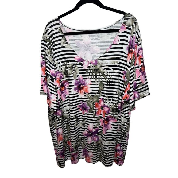Catherines 3X Floral Stripe Knit Top Plus Size Short Sleeve Everyday Style - Picture 1 of 7